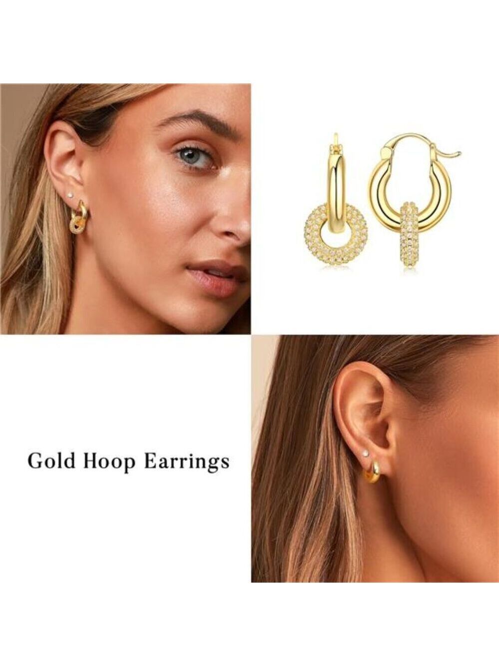 3 Pairs 14K Gold Plated Stackable Earrings Set Huggie Hoop Earrings - Picture 4 of 7
